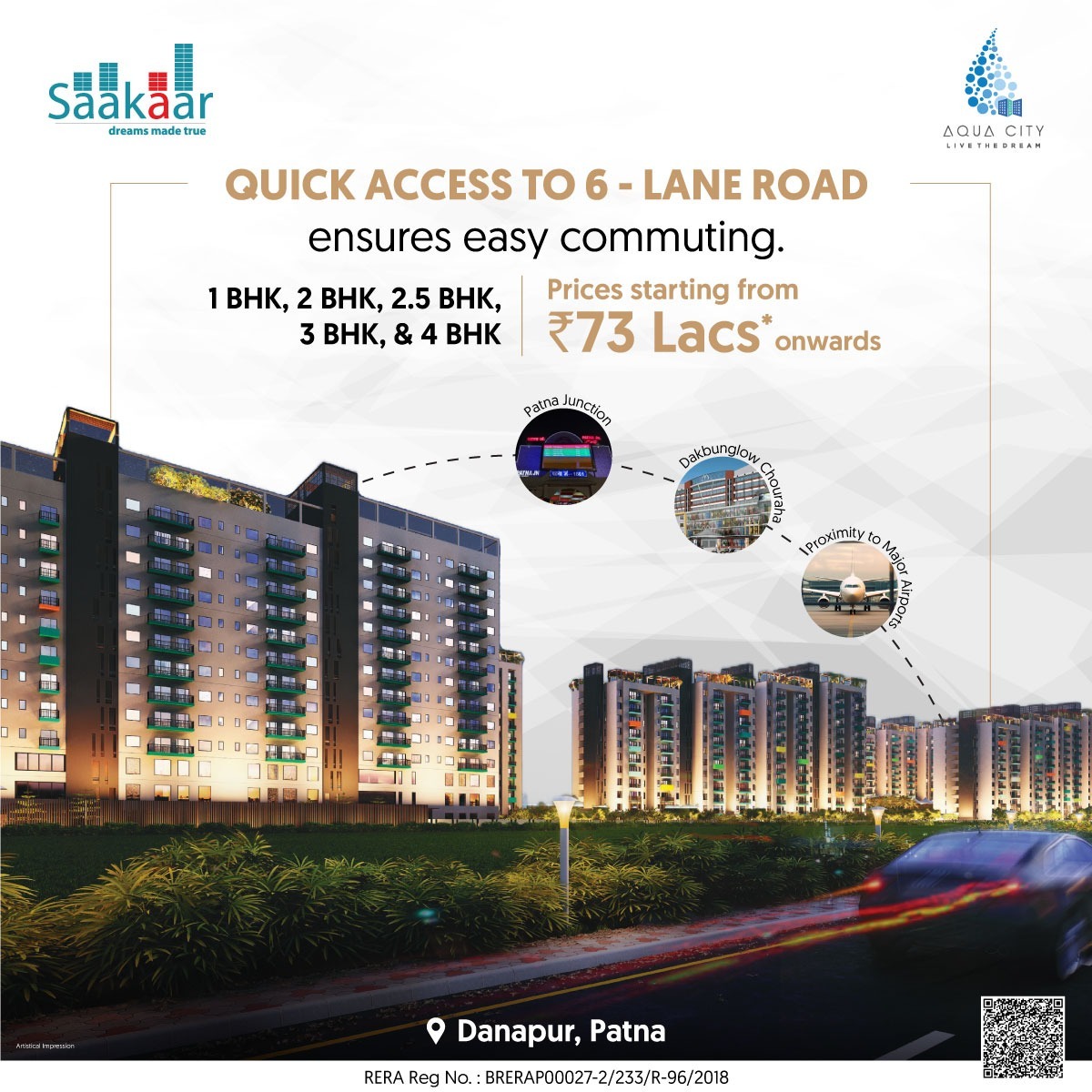 Spacious 2 BHK flat in Saakaar Aqua City, Patna with modern amenities, vastu compliance, and green surroundings.