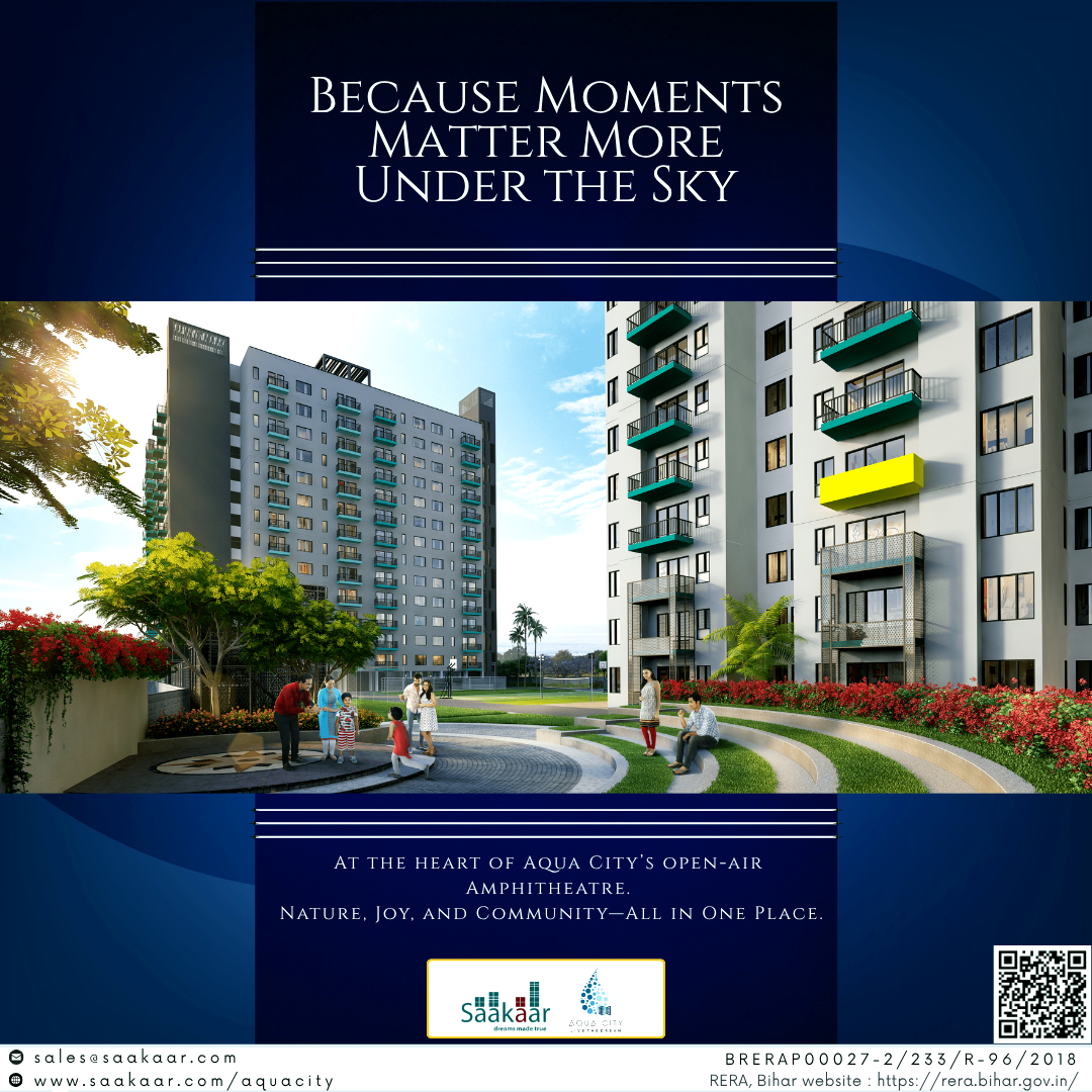 Families enjoying outdoor seating at the amphitheatre in Saakaar Aqua City, a modern township in Danapur, Patna