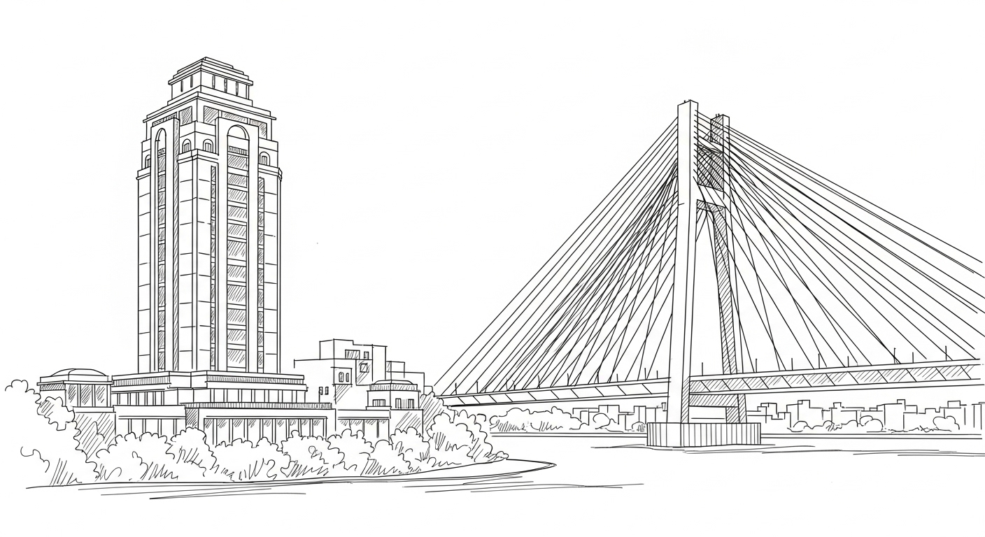 Sketch of Biskoman Tower and Hanging Overbridge in Patna symbolizing urban growth and affordable housing demand