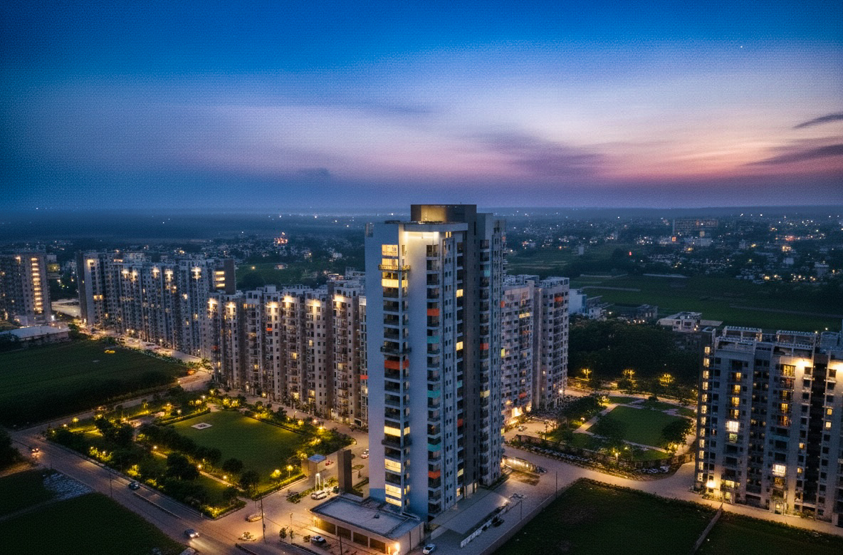 Aqua City Patna overall development at night, featuring the first tallest high-rise tower