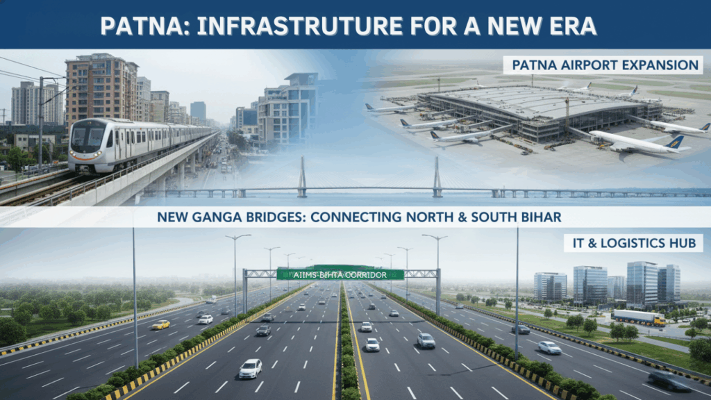 Roads, bridges, and modern infrastructure development in Patna contributing to urban growth.