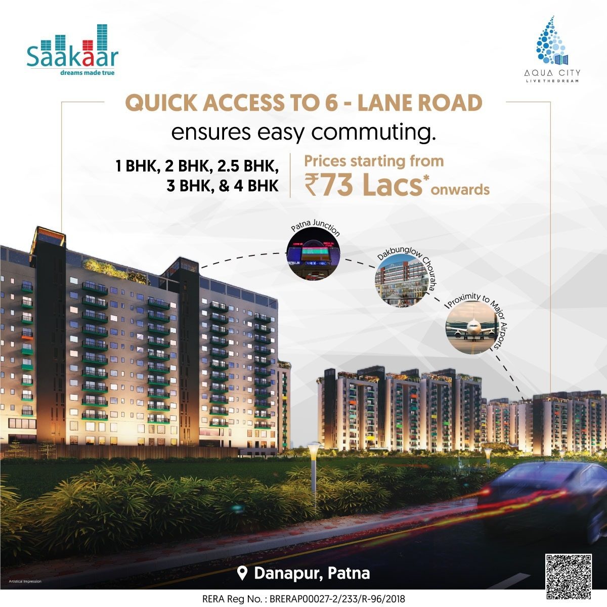 A beautiful modern residential building developed by Saakaar Constructions in Patna, showcasing luxury flats and green spaces.