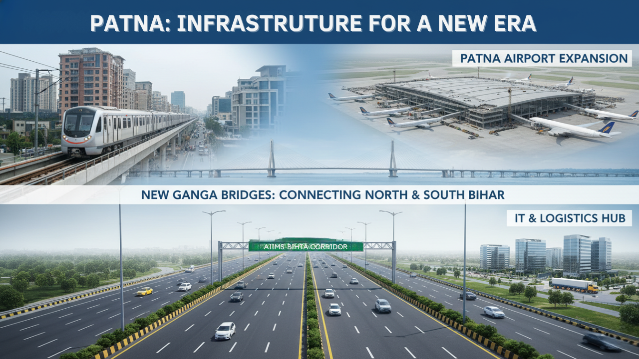 Roads, bridges, and modern infrastructure development in Patna contributing to urban growth.
